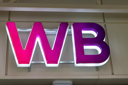 Russia, Sosnovy Bor, October 27, 2024 -Illuminated wb letters sign representing wildberries...