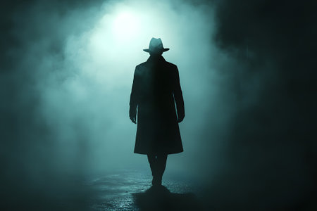 A lone figure walks through dense fog in a long coat and hat.の素材