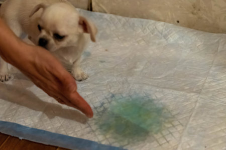 Veterinarian pointing at a pee on training pad for puppies with a chihuahua dog next to itの写真素材