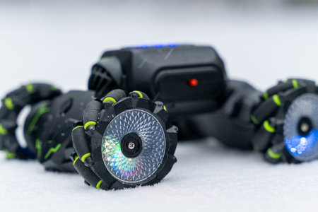 Modern radio-controlled car standing on snow with illuminated wheelsの写真素材