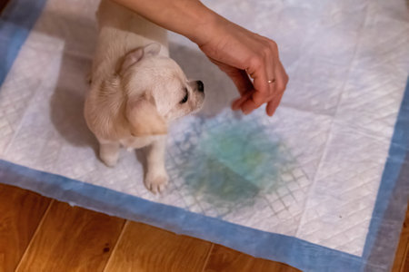 Veterinarian pointing at absorbent pad where puppy just peed, training conceptの写真素材