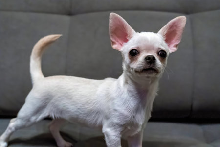 Chihuahua poses on a couch, showcasing its cute features and personalityの写真素材