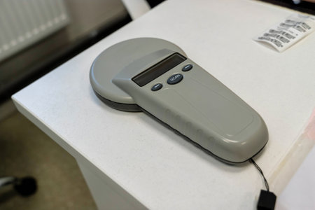 A scanning device rests on a table in a well-lit studio spaceの写真素材