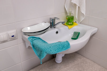 Cleaning supplies and a towel elegantly arranged near the sinkの写真素材