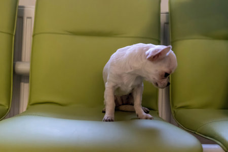 A chihuahua sits quietly, gazing at the floor between bright chairs. at an appointment at a veterinary clinic.の写真素材