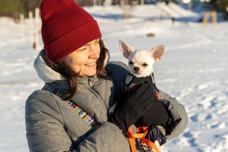 Woman holding small white chihuahua dog outdoors in winterの写真素材