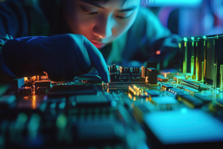 Computer engineer repairing motherboard in futuristic laboratoryの素材