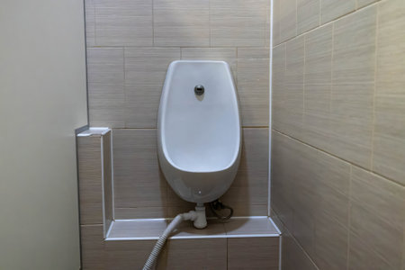White ceramic urinal mounted on tiled wall in public toiletの写真素材