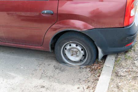 Flat tire making car stuck on side of roadの写真素材