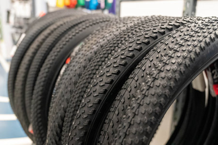 Close up of various bicycle tires showing different tread patternsの写真素材