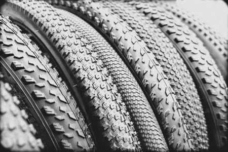 Close-up of various bicycle tires showing different tread patternsの写真素材