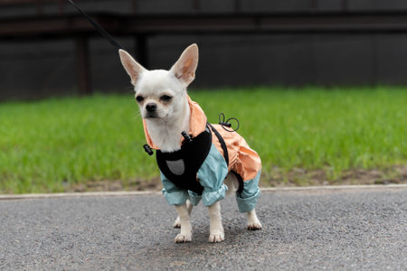 White chihuahua dog wearing raincoat walking on leashの写真素材