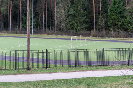 Football field behind metal fence in a park surrounded by treesの写真素材