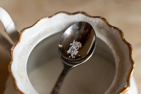 Teaspoon holding few crystals of sugar over empty sugar bowlの写真素材