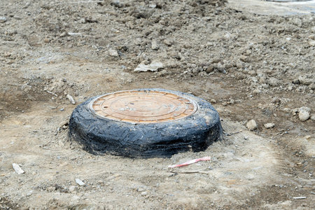 Rusty manhole cover emerging from asphalt on construction site