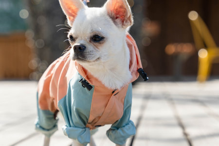 White chihuahua dog wearing stylish clothes standing outdoorの写真素材