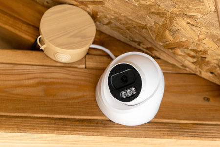 A white wireless surveillance camera, providing surveillance and protection, is mounted on a wooden beam in a country houseの写真素材