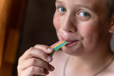 Child enjoying eating rainbow candy: close-up portrait of happy kidの写真素材