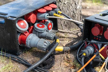 Power distribution boxes providing electricity at outdoor event