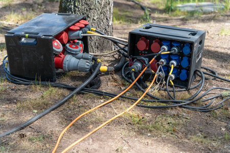 Power distribution boxes and cables supplying electricity for outdoor event