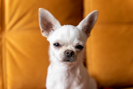 White chihuahua dog sitting on gold sofaの写真素材