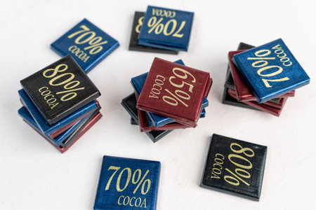 Dark Chocolate Bars Wrapped in Foil with Percentage Indication 65, 70, 80 percent on White...
