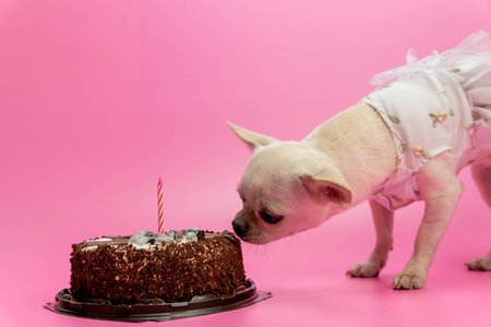 Small dog in a white dress curiously approaches a chocolate birthday cake with a candle, set against a vibrant pink background, celebrating a joyful occasionの写真素材