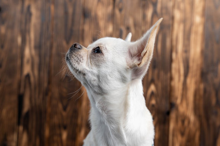 Small white dog with large ears is gazing thoughtfully to the side, showcasing its curious expression against a rustic wooden background, highlighting its playful natureの写真素材