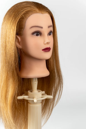 Realistic mannequin head with long blonde hair, showcasing detailed facial features and makeup, positioned on a stand against a clean white background, ideal for hairstyling practice and demonstrationsの写真素材