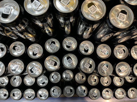 Russia, Sosnovy Bor, October 12, 2025 -Cans are neatly organized on display in Sosnovy Bor, Russiaのeditorial素材