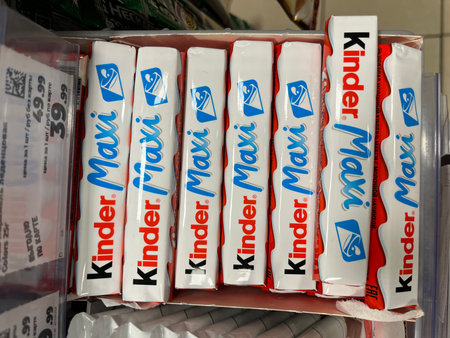 Russia, Sosnovy Bor, October 12, 2025 -A display of Kinder Maxi chocolate bars stacked neatly in a storeのeditorial素材