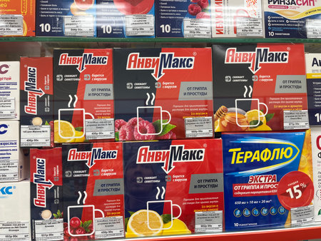 Russia, Sosnovy Bor, October 12, 2025 -Cold remedy products are arranged neatly on store shelves in Sosnovy Borのeditorial素材