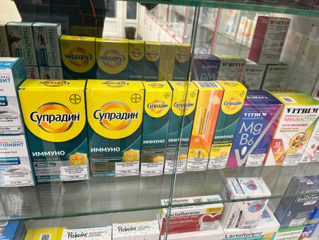 Russia, Sosnovy Bor, October 12, 2025 -Pharmacy in Sosnovy Bor shows a range of medications for customersのeditorial素材