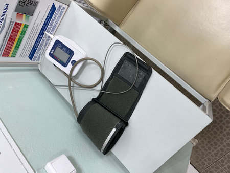 Russia, Sosnovy Bor, October 12, 2025 -Health check equipment resting on a table in a medical facilityのeditorial素材
