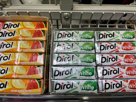 Russia, Sosnovy Bor, October 12, 2025 -Different flavors of candy are arranged neatly on display in a storeのeditorial素材