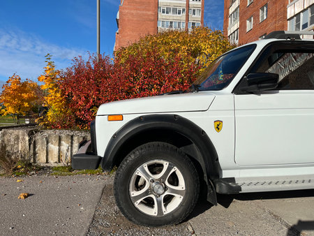 Russia, Sosnovy Bor, October 12, 2025 -A white SUV is parked beside vibrant fall leaves in Sosnovy Borのeditorial素材