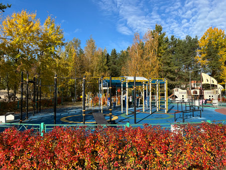 Russia, Sosnovy Bor, October 12, 2025 -Children enjoy a colorful playground amidst vibrant autumn foliageのeditorial素材