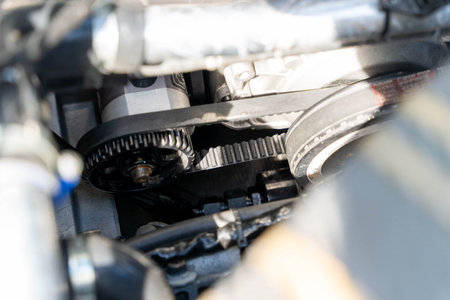 Close-up view of an automotive engine showing timing belt and gears with metal components and...