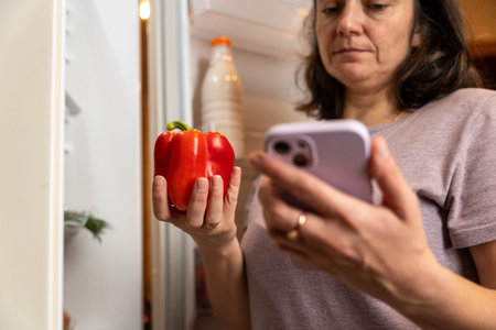 Woman holding a red bell pepper while looking at her smartphone inside a refrigerator, with various...