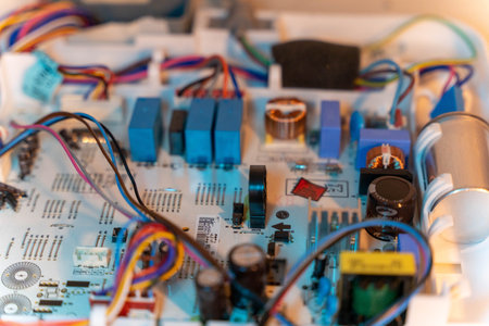 Close-up view of a complex electronic circuit board featuring various components, wires, and...