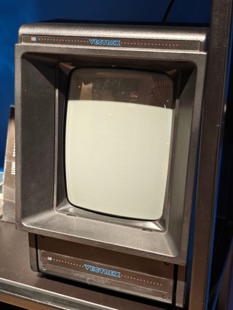 Russia, St. Petersburg, March 14, 2026 -Vintage Vectrex game console displayed in a museum exhibit...