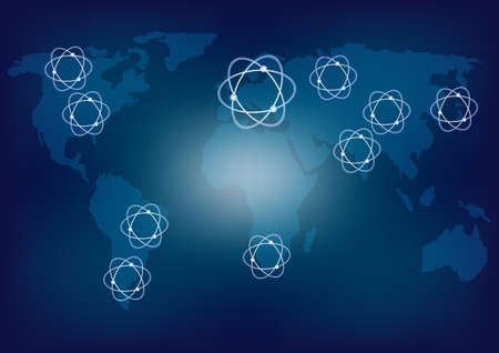 Map of World and Nuclear Energy Icons on Blue Backgroundのイラスト素材