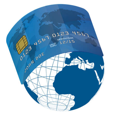 Blue Fictitious Credit Card on Blue Globe - World Mapのイラスト素材
