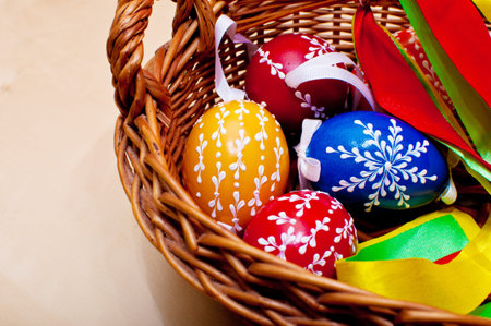 Color Painted Easter Eggs in the Basketの写真素材