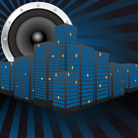 Party Flyer - Night City Silhouette and Loudspeaker on Dark Backgroundのイラスト素材