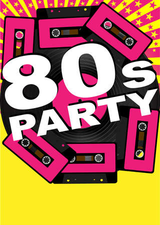 Retro Party Background - Vinyl Record, Audio Tapes and 80s Party Signのイラスト素材