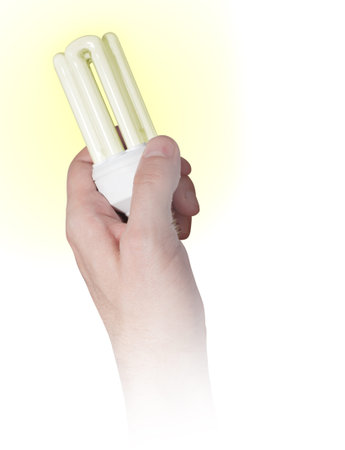 Glowing Energy Saving Bulb in Hand on White Background