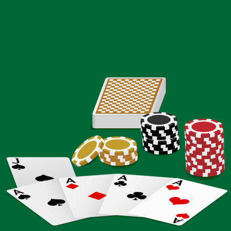 Playing Cards - Four Aces and Poker Chips On Green Table
