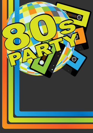 Retro Party Background - Retro Audio Cassette Tapes, Disco Ball and 80s Party Sign