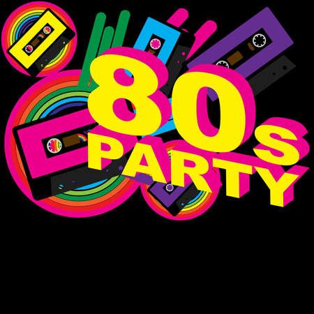 Retro Party Background - Audio Casette Tape and Disco Sign on Multicolor Backgroundのイラスト素材